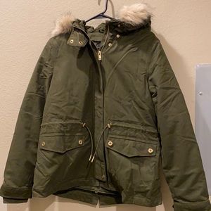 Zara Green Khaki Fur Hoodie Jacket S NWOT